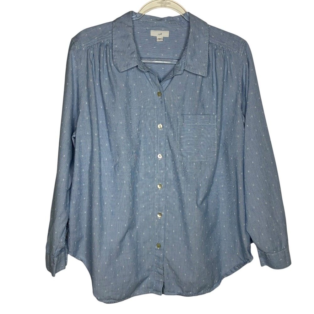 J Jill Women XL Button Down Shirt Blue Striped Dobby Dot Cotton Preppy Nautical